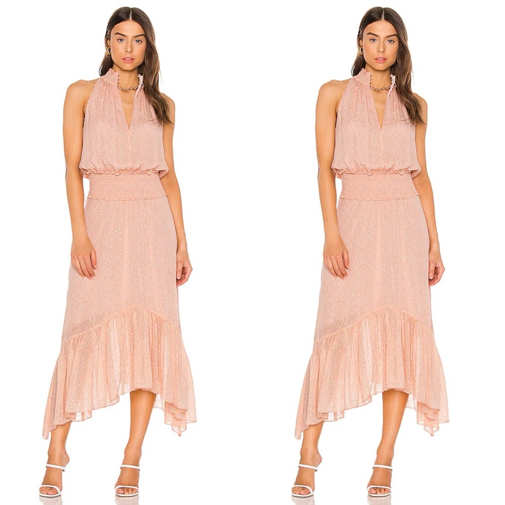 A.L.C. Kaia Blush Silk Metallic Smocked Halter Midi Dress Womens 14 EUC $595